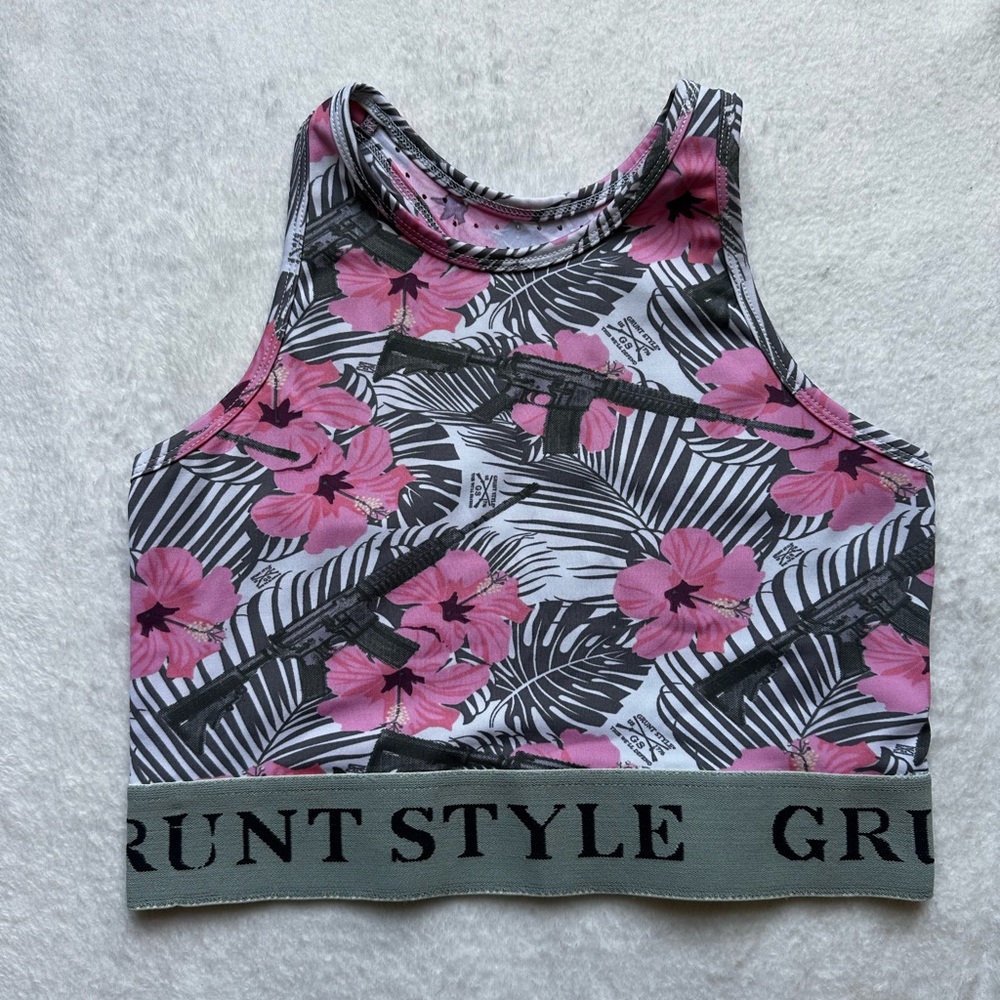 Grunt Style Women's Pink and Gray Floral Sports Bra